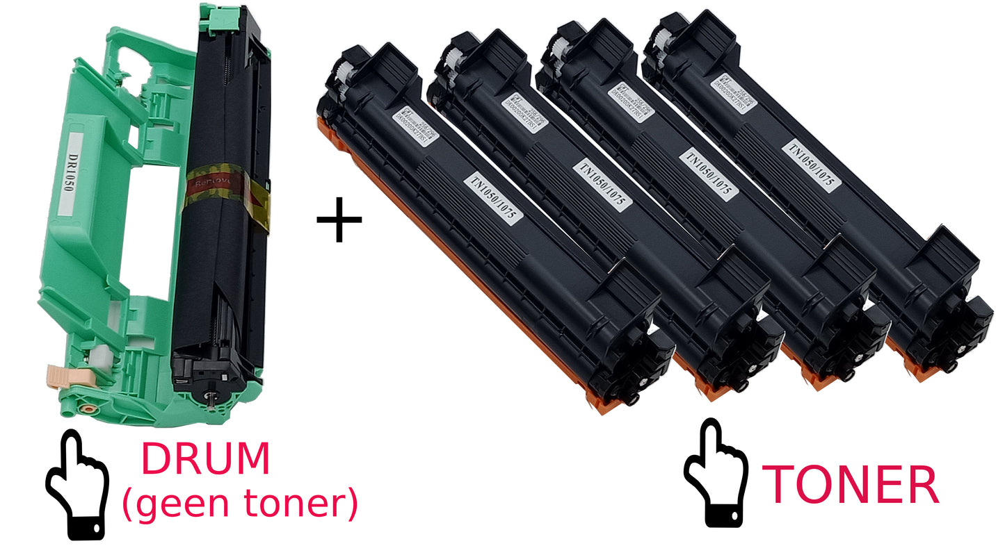 Huismerk Drum en Toners voor Brother 1x DRUM DR1050 + 4x TONER TN1050/1075